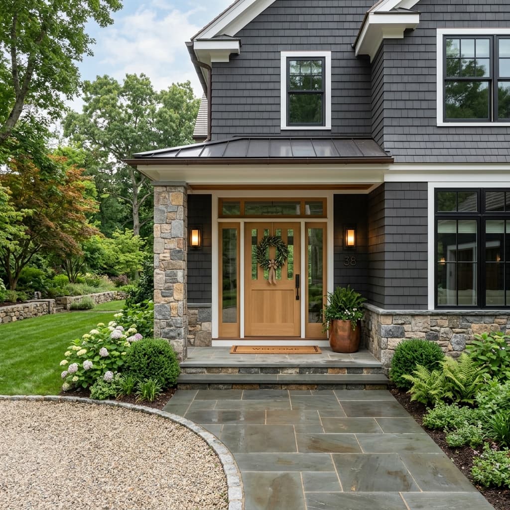 Welcoming front door of a renovated Connecticut home