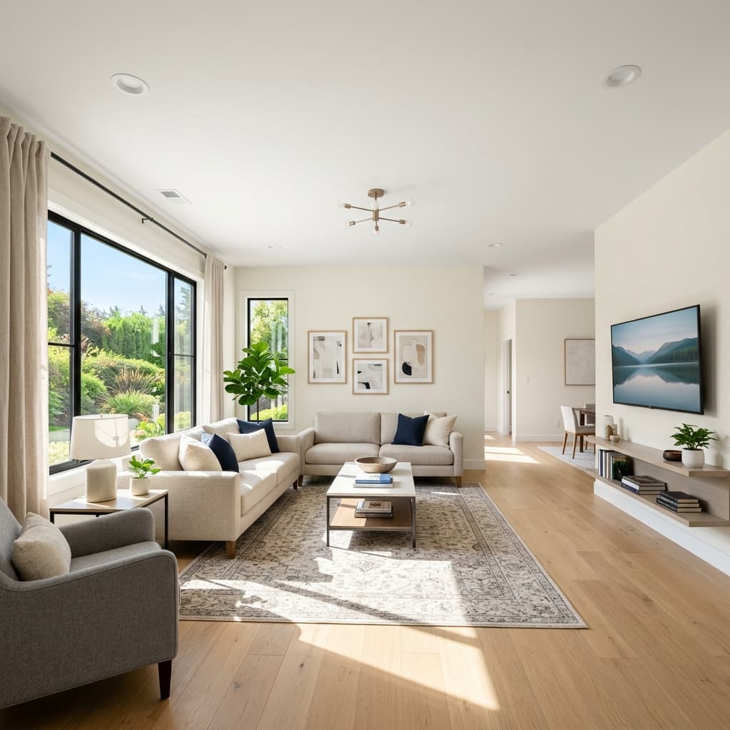 Pristine living room after damage repair